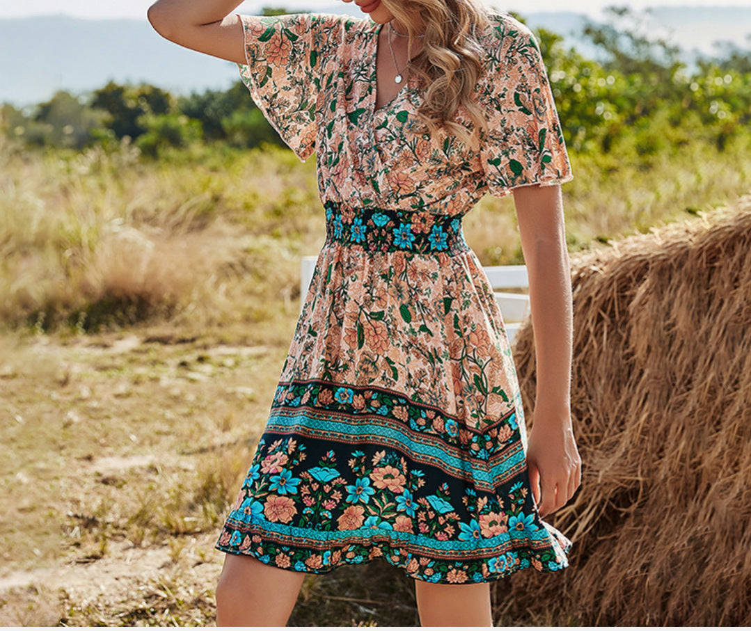 Women's boho V-neck short-sleeve A-line dress, floral tiered skirt with teal trim