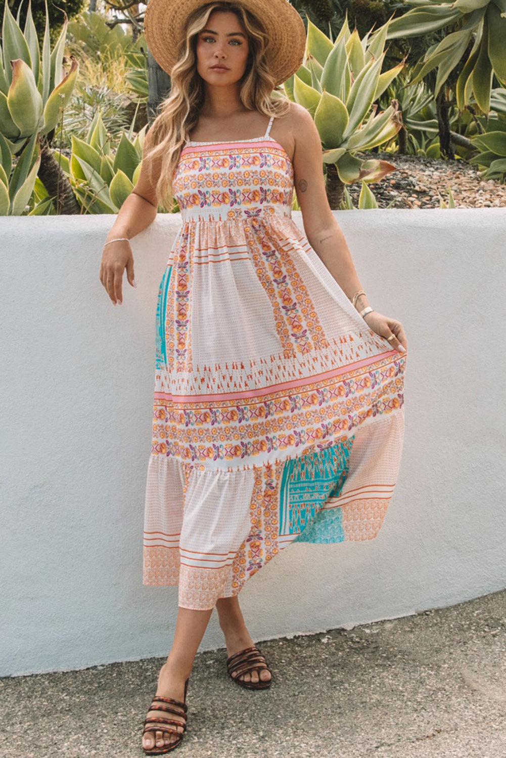 Multicolor patchwork square-neck sundress standing front view with tiered layers