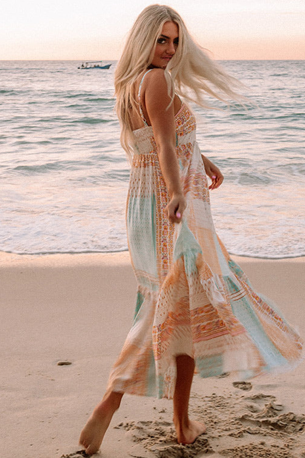 Multicolor square-neck patchwork sundress with tiered hem and thin shoulder straps