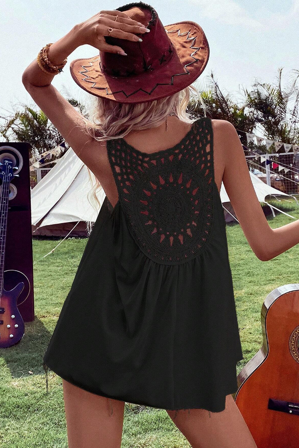 Black sleeveless crochet tunic with round yoke embroidery and gathered swing hem