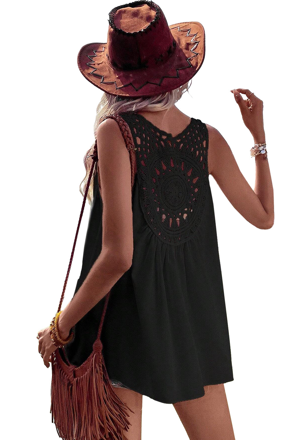 Black crochet patchwork sleeveless tunic with round neckline and A-line hem